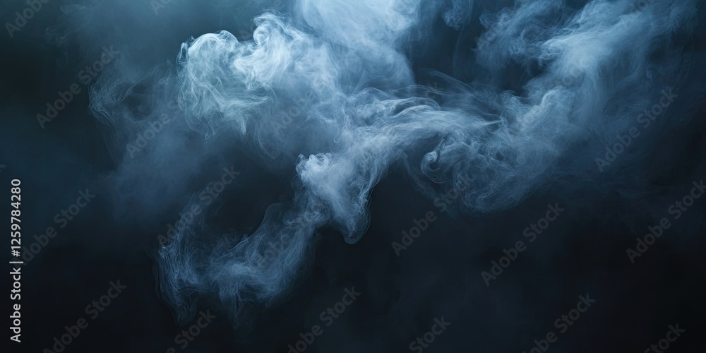 Poster wispy translucent smoke patterns in shades of grey and white floating against a deep black backdrop 