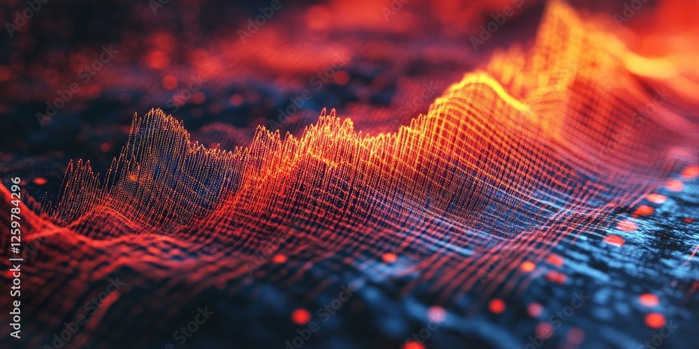 Poster vibrant abstract digital sound wave visualization in orange and blue tones with flowing lines and gl