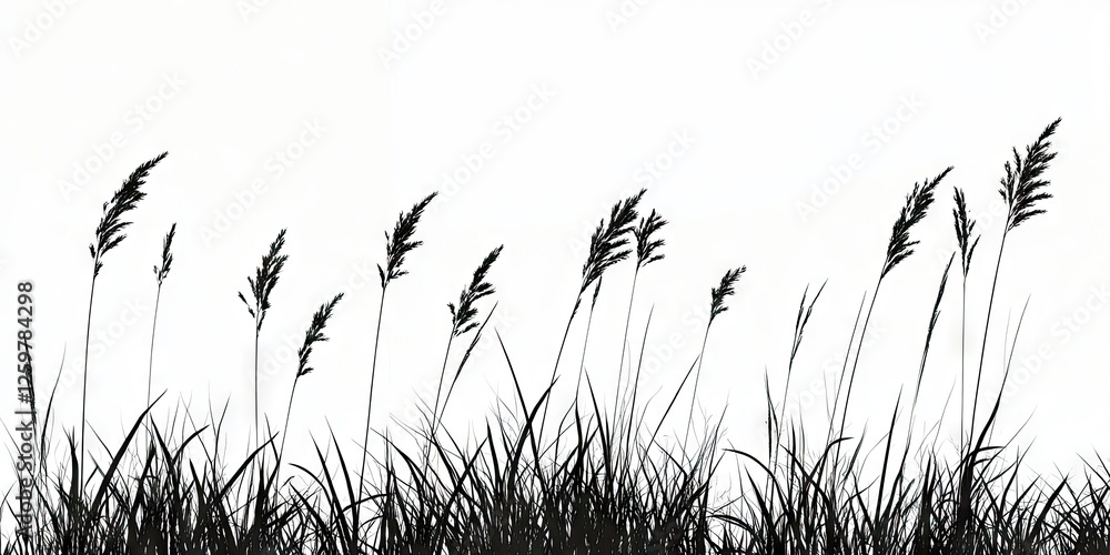 Aufkleber silhouette of tall grass and reeds swaying in the wind against a white background with a minimalisti