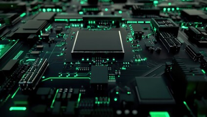 Fototapeta premium Abstract Close-Up of Futuristic Circuit Board with Glowing Green Pathways and Central Processing Unit