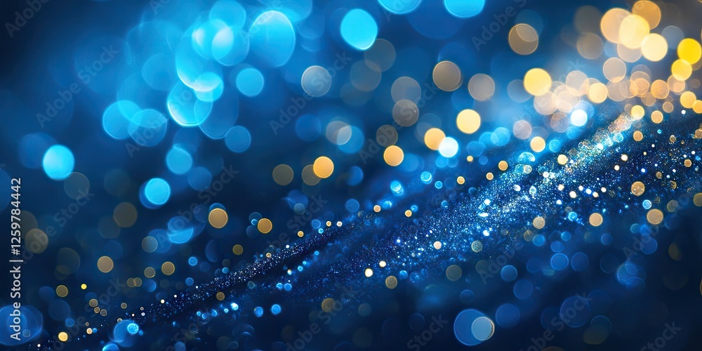 Poster blue and gold bokeh abstract background with shimmering beads and soft highlights, captivating glitt