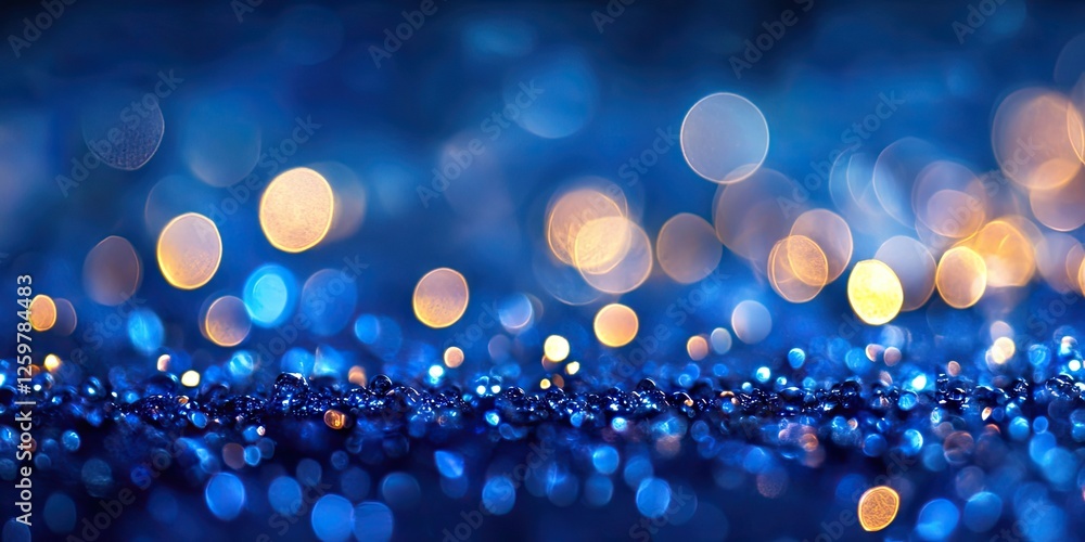 Poster abstract blue bokeh background with shimmering beads in foreground and soft golden orbs, creating a 