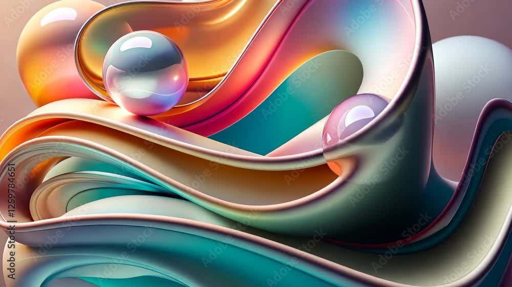 Poster colorful flowing shapes and spheres create an artistic expression of motion and depth. generative ai