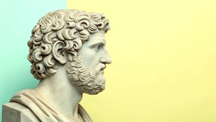 Classical marble bust in profile against pastel background. Copy space. 