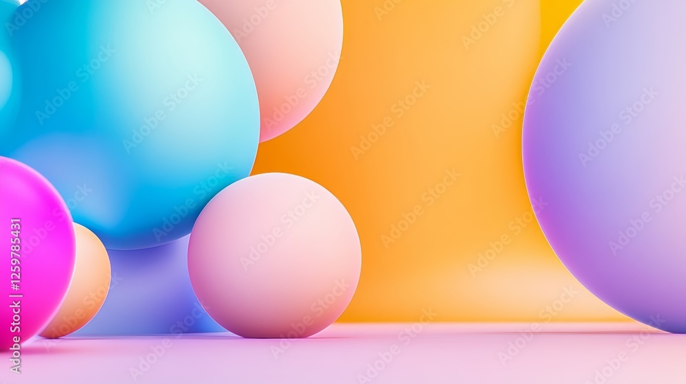 Poster colorful array of round balls on a yellow background. the balls are of different colors and sizes, c