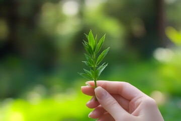 Hand holding sprout, forest background, nature, growth