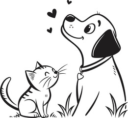 Puppy and kitten black and white illustration, vector illustration