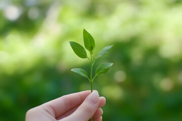Hand holding sprout, green background, nature, growth