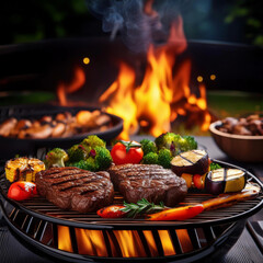BBQ grill with sizzling steaks