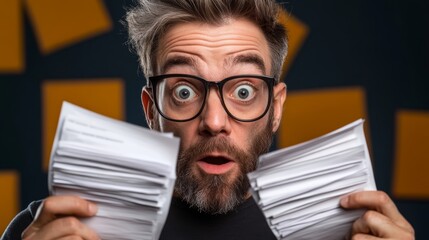 Man with glasses is holding two stacks of paper and looking surprised. Concept of urgency or frustration, as the man is overwhelmed by the amount of paperwork he is dealing with