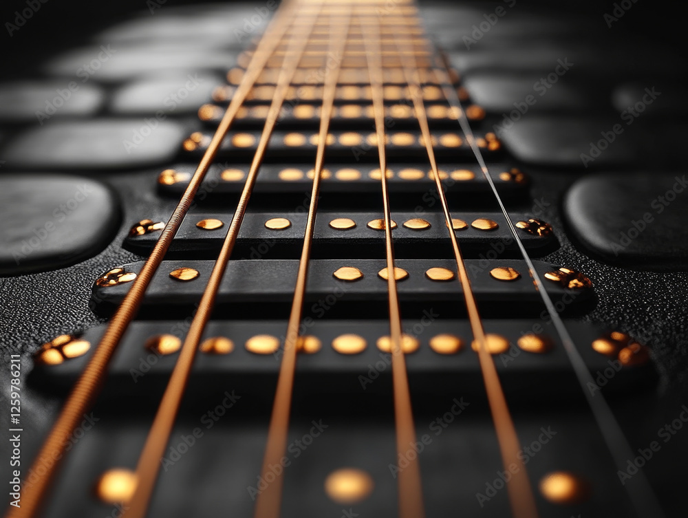 Poster guitar strings highlighted on textured surface, creating depth