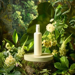 an advertising scene, a cream package on a circular podium surrounded by tropical plants
