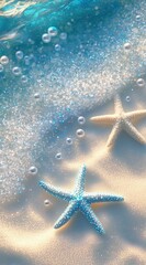 Starfish and bubbles on a sandy beach with gentle waves during a sunny day