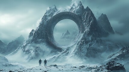 A ring shaped portal floating above a mountain peak 