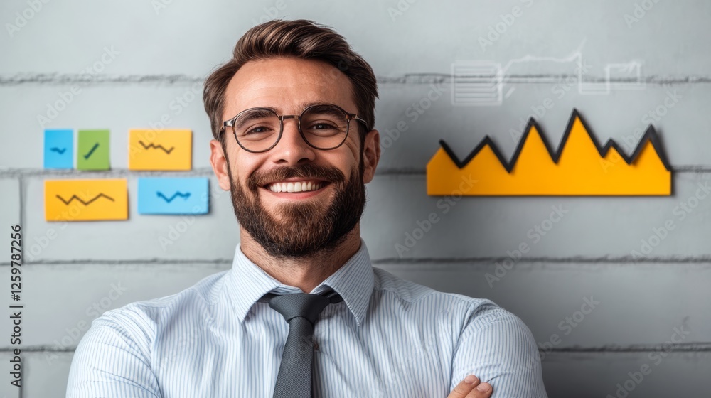 Poster man with glasses is smiling and wearing a tie. he is standing in front of a wall with graphs and cha
