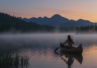 Canoe on Misty Lake at Sunrise Mountain Landscape
