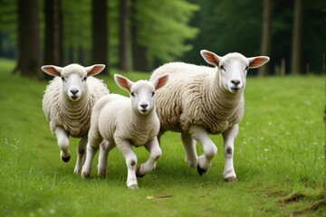 Obraz premium three sheep running in a field of grass with trees in the background