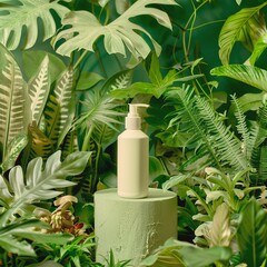 mockup of cosmetic packaging on a background of green exotic flowers and plants with studio light
