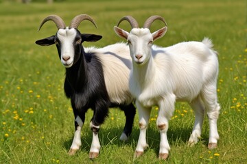 Obraz premium goats standing in a field of grass with yellow flowers
