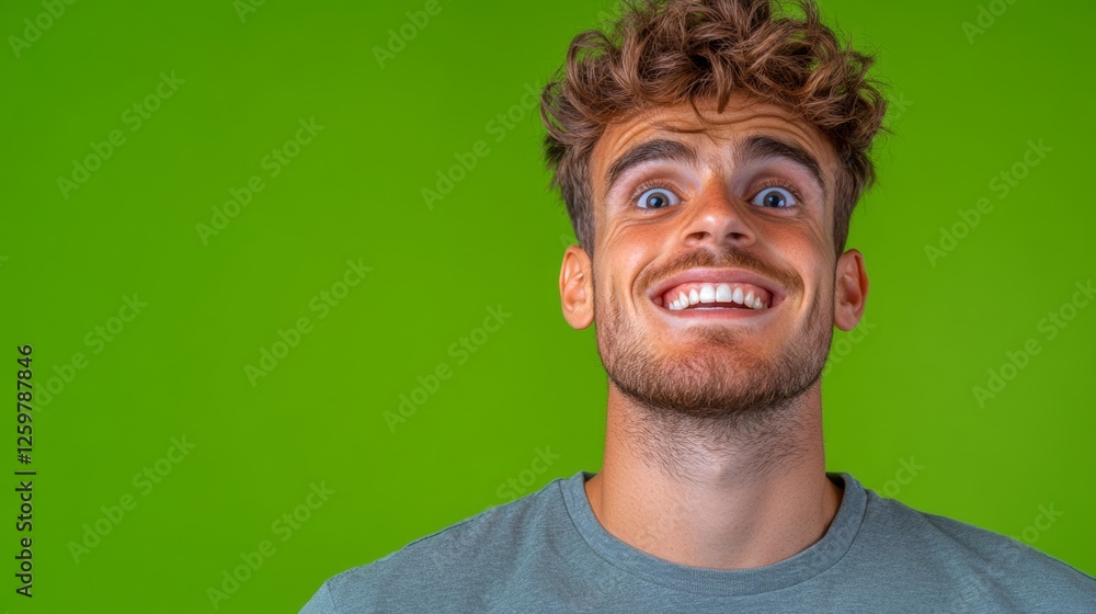 Poster man with a beard and a green background. he is smiling and has his mouth open. concept of happiness 