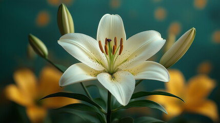 Naklejka premium Elegance blooms in a garden of pure white lilies surrounded by gentle hues as nature awakens at dawn