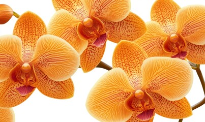 Orange Phalaenopsis orchids bloom close-up, studio shot, white background; ideal for floral designs