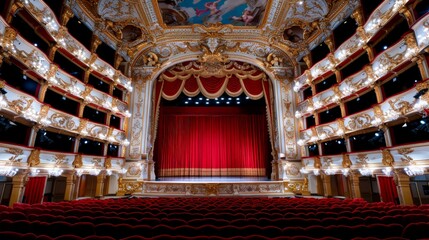 World Theatre Day. Luxurious opera house with red velvet seats and a grand stage.