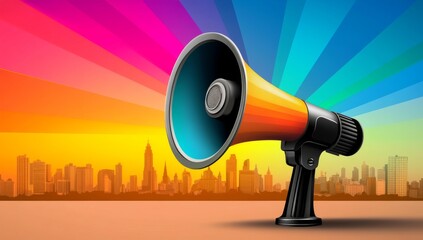 Vintage Megaphone with Colorful Rays and City Skyline Silhouette, Symbolizing Community Expression and Public Awareness