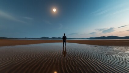 Fototapeta premium Lone Figure in a Desert Under Moonlight