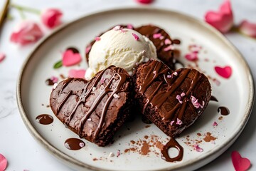 Heart-shaped brownies with ice cream on a plate, Valentine's Day dessert
