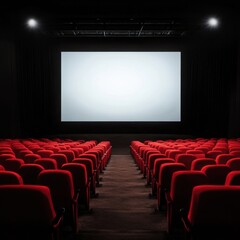 Blank movie theater screen in dark auditorium