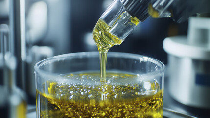 Extracting cannabis oil in laboratory setting, showcasing process of oil dripping into glass container. image captures precision and clarity of extraction method