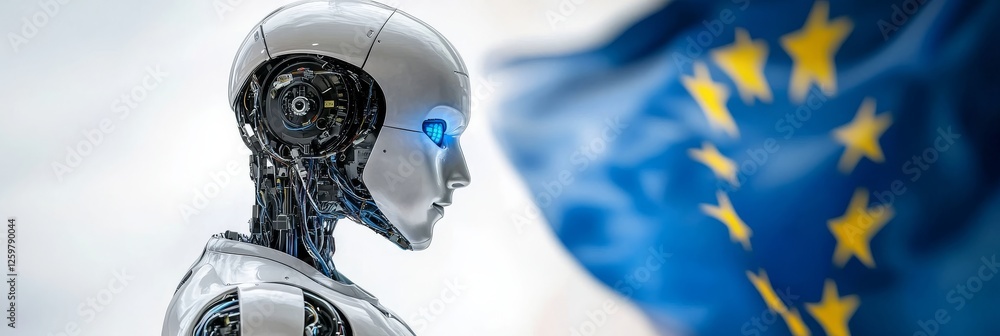 Poster humanoid robot with eu flag background