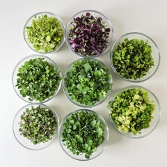 Obraz premium A row of small green plants in bowls