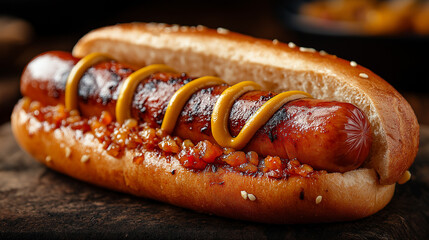 Savory hot dog topped with zesty mustard and a caramelized onion blend ready to be devoured