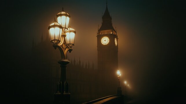 Dark foggy night in Paris, mystical lights on the street