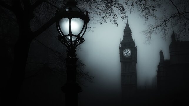 Dark foggy night in Paris, mystical lights on the street