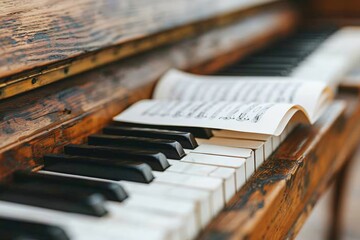 World Piano Day. Elegant wooden grand piano with open sheet music in a bright interior setting.