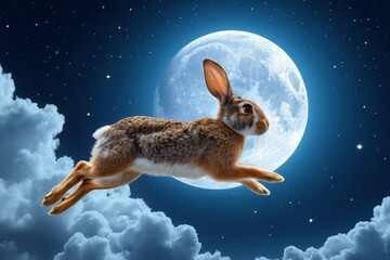 rabbit flying in the sky with a full moon in the background