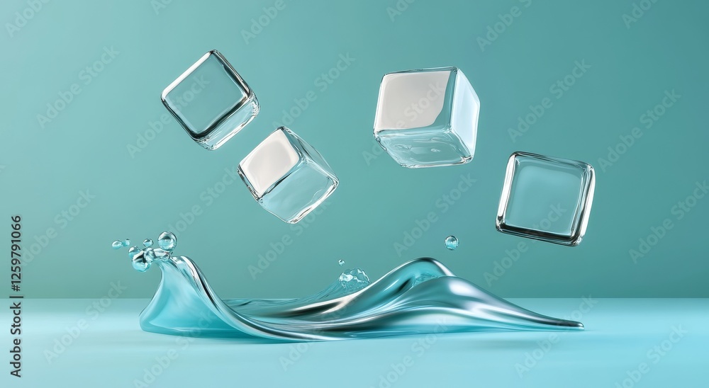 Poster 3d floating metallic cubes with abstract curved lines