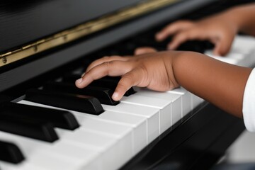 Fototapeta premium World Piano Day.A close-up of small hands playing a black and white piano keyboard.