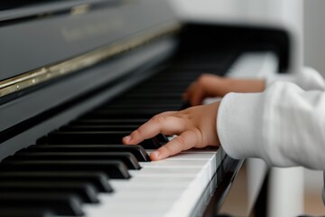 Obraz premium World Piano Day.A close-up of small hands playing a black and white piano keyboard.