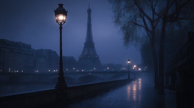 Dark foggy night in Paris, mystical lights on the street