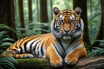 there is a tiger that is laying down in the woods
