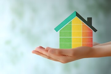 Hands holding energy-efficient home symbol, green background, sustainability