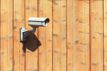 Security camera observing on wooden wall in bright sunlight
