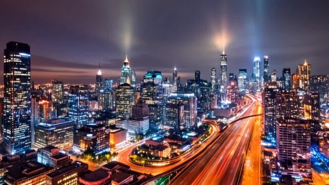 Illuminated modern city skyline at night with dynamic highway light trails. Urban energy.