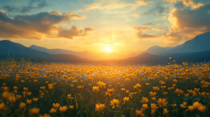 Fototapeta premium Vibrant spring dawn unfolds over a meadow of blooming flowers beneath a painted sky