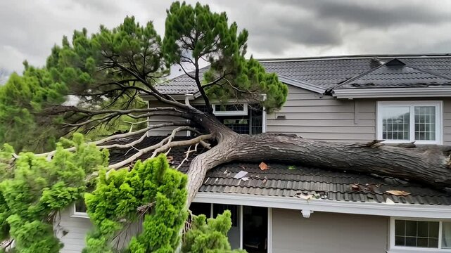 a house with a damaged roof caused by a fallen tree
