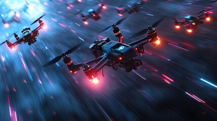 An aerial drone race through an obstacle-filled course, multiple drones speeding through the air, digital environment